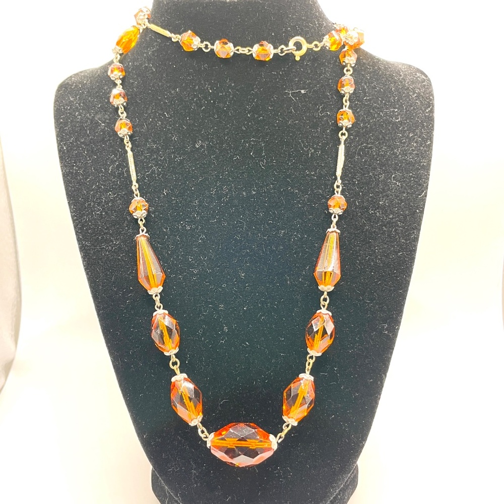 Vintage Unsigned Art Deco Style Amber Czech Glass Crystal Necklace